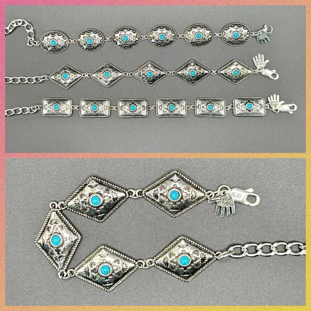 Faux Turquoise and Silver Tone Concho Chain Bracelet #1442
